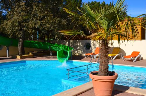 een palmboom in een grote pot naast een zwembad bij Camping Le Clos Des Pins in Longeville-sur-Mer