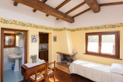 a bedroom with a bed and a sink and a fireplace at Charming house in Ramazzano - Le Pulci with shared pool in Ramazzano