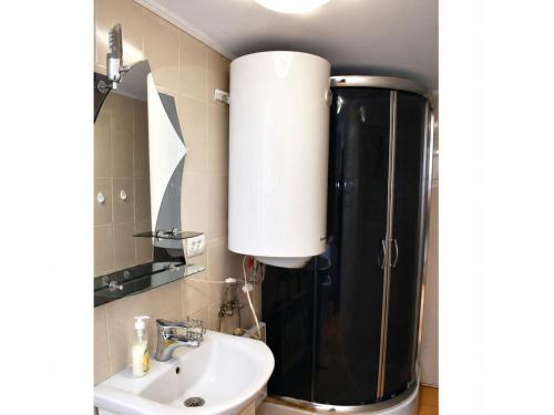a bathroom with a shower and a sink at Хостел в Карпатах in Yasinya