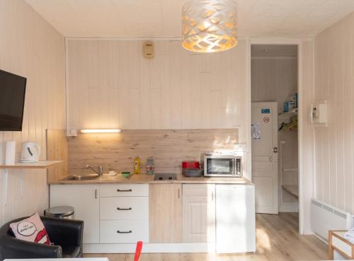 a kitchen with a sink and a microwave at Studio moderne à Néris-les-Bains de 17 m² in Néris-les-Bains