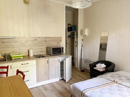 a kitchen with a microwave and a bed in a room at Studio moderne à Néris-les-Bains de 17 m² in Néris-les-Bains