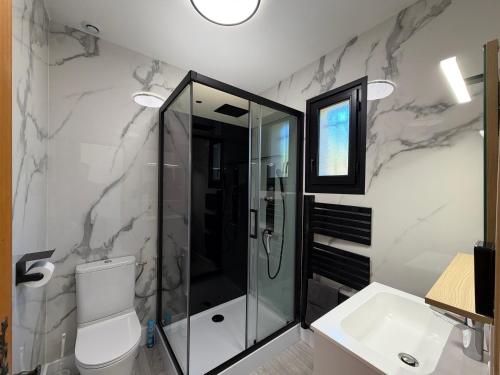 a bathroom with a shower and a toilet and a sink at Studio cosy tout confort proche ARKEMA in Château-Arnoux-Saint-Auban