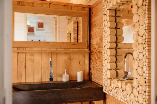 a bathroom with a sink in a log cabin at Cabane Pomme d'Amour in La Chapelle-Bouexic
