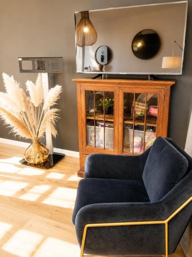 a living room with a blue couch and a plant at Black and White - Joli appart à Tours in Joué-lès-Tours