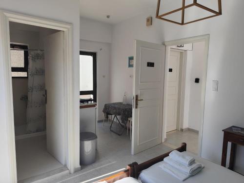 a bedroom with a bed and a walk in shower at Apokoros Craft Deco Apartments & Studios in Kalyves