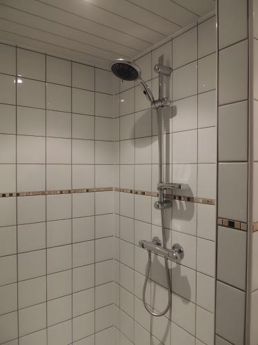 a shower in a white tiled bathroom at Gite Grand-Mère in Charron