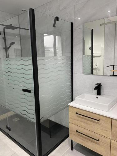 a bathroom with a shower and a sink at Gite de l'etoile in Rocroi