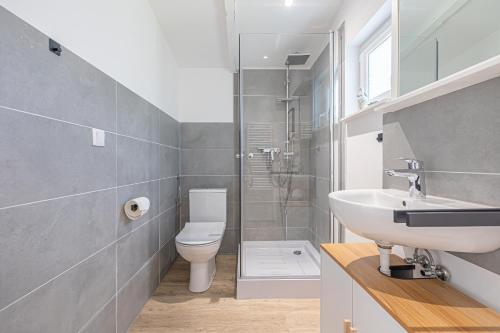 a bathroom with a sink and a toilet and a shower at Nordisch Nest in Bistensee