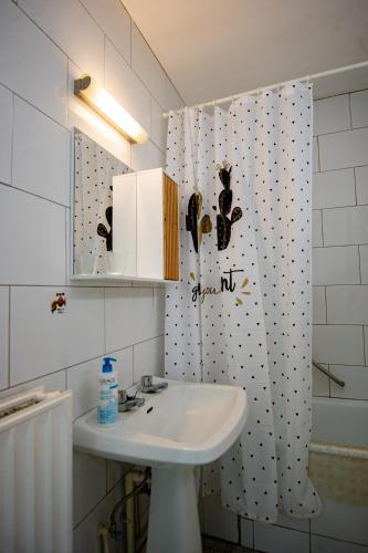 a bathroom with a sink and a shower curtain at La Pierraille in Froid-Chapelle