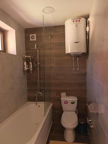 a bathroom with a toilet and a tub and a shower at Nanik Hostel in Khorog