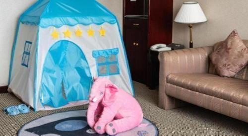 a pink toy elephant sitting on a rug in front of a play tent at Kunming Hotel in Kunming