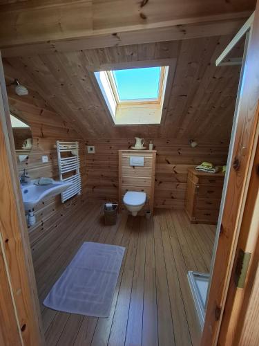 a bathroom with a toilet and a sink and a window at Les Bruchels in Longechaux