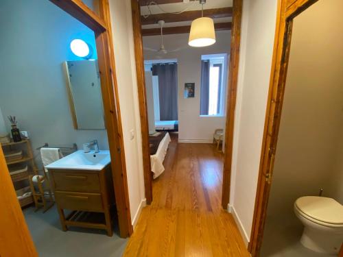 a bathroom with a toilet and a sink and a mirror at Calle Villarroel Barcelona 3-2 in Barcelona