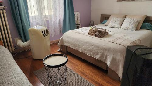 a bedroom with a bed with a cat sitting on it at L'étoile du matin in Terville