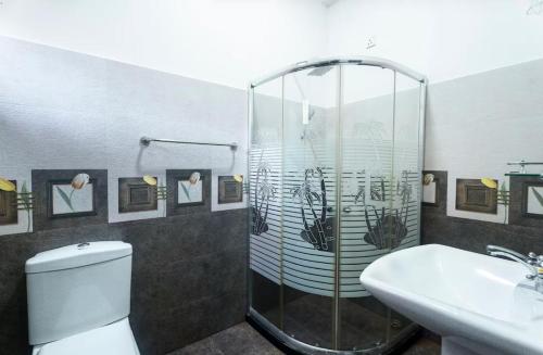 a bathroom with a shower and a toilet and a sink at The Ivy Grove in Mahabage