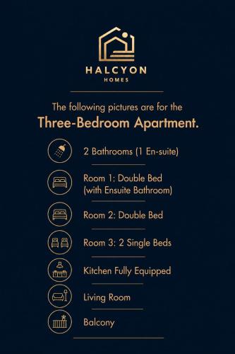 a screenshot of the three bedroom apartment with the descriptions of the room at Halcyon Central Apartments in Larnaca