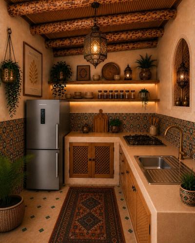 a kitchen with a refrigerator and a sink at Ocean Wings House in Rbat