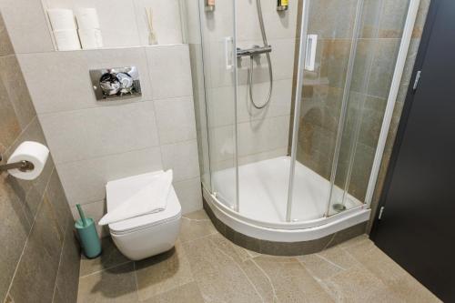 a bathroom with a shower and a toilet at ARIETES MARMONT Apartmány in Tatranska Strba