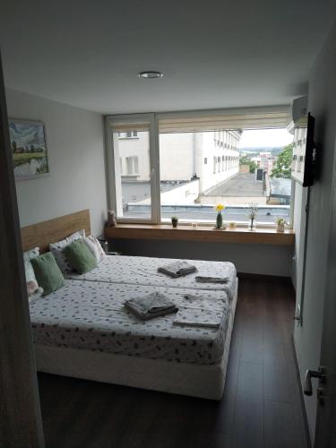a bedroom with a bed and a large window at Balkan Tower Elegance by K in Gabrovo