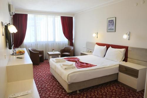 a hotel room with a bed with a red carpet at Akyuz Hotel in Ankara