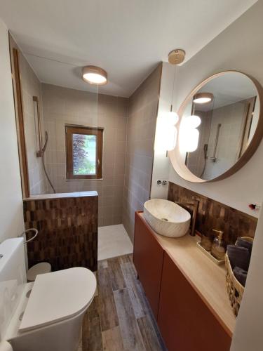 a bathroom with a sink and a mirror at Nadmorska Przystań in Gdańsk