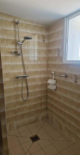 a bathroom with a shower with a sink and a window at L'escapade in Rétaud