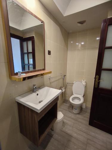 a bathroom with a sink and a toilet and a mirror at Hotel Maamoura in Casablanca