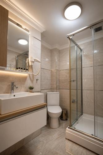 a bathroom with a toilet and a sink and a shower at Genius Hotel Istanbul in Istanbul