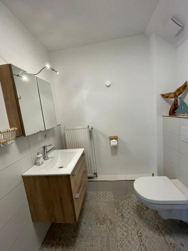 a white bathroom with a sink and a toilet at Burgerwiese in Brodersby
