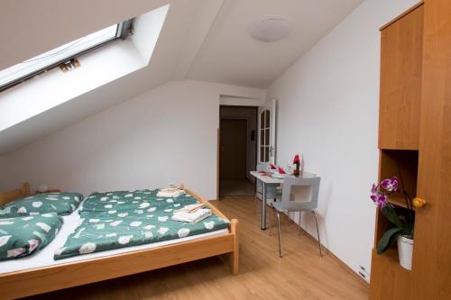 een slaapkamer met een bed en een bureau in een kamer bij Pension u Lašanů in Třešť