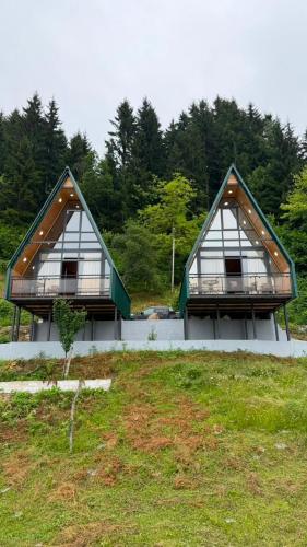two large buildings with windows on top of a field at Panorama Cottages Tbeti in Shuakhevi