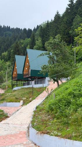 a large building with a green roof on a hill at Panorama Cottages Tbeti in Shuakhevi