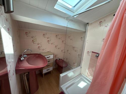 a bathroom with a pink sink and a shower at Villa La Marpierre in Mondragon