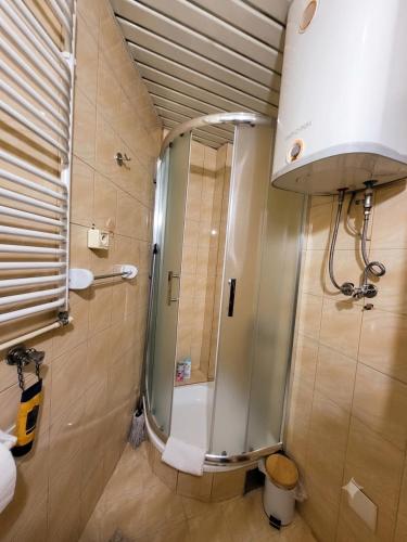 a bathroom with a shower with a glass door at Apartments Dragulji Kruševac Central Stay in Kruševac