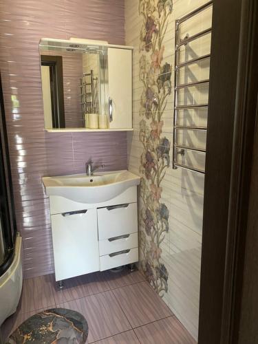 a bathroom with a sink and a mirror and a shower at Forest Edge house in Kolonshchina
