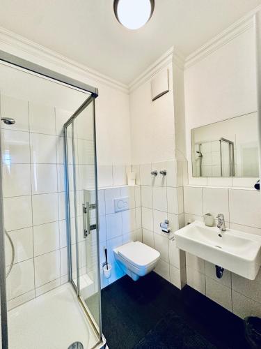 a bathroom with a shower and a sink and a toilet at Apartmenthouse Singen in Singen