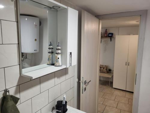 a bathroom with a sink and a mirror at Apartma Oliva in Koper