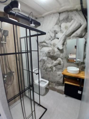 a stone bathroom with a toilet and a sink at White House in Gyumri
