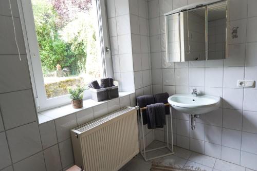 a white bathroom with a sink and a window at IBS Wohnen in Windischeschenbach