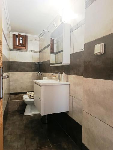 a bathroom with a white sink and a toilet at Doukissa's Apartment in Symi