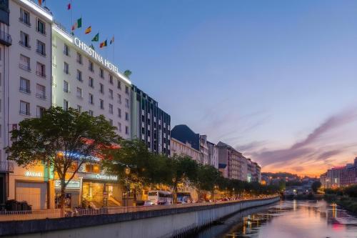 a river in the middle of a city with buildings at Hôtel Christina Lourdes in Lourdes