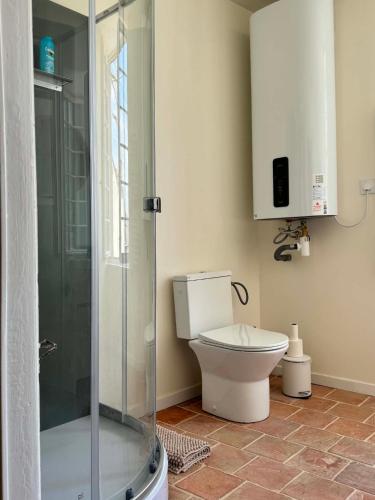 a bathroom with a toilet and a glass shower at Lumières de Tuffeau in Château-du-Loir