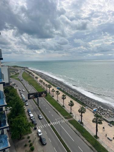 a view of a road and the ocean with palm trees at у моря in Batumi