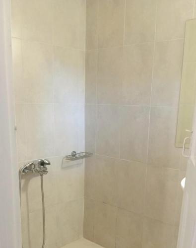 a shower with a shower head in a bathroom at Serafima's house Lesvos in Sykaminéa