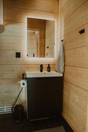 a bathroom with a sink and a mirror at Hossan Lumo in Hossa