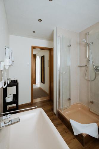 a bathroom with a bath tub and a shower at Hotel Am Waldschwimmbad in Bürstadt