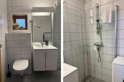 two pictures of a bathroom with a shower and a toilet at The traditional Burekka 17 - Lofoten in Stamsund
