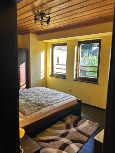 a bedroom with a bed with two windows and a rug at Валериевата Къща 2 in Shiroka Laka