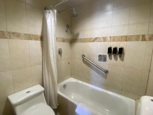 a bathroom with a tub and a toilet and a shower at Cavi Rooms 511 in Cuenca