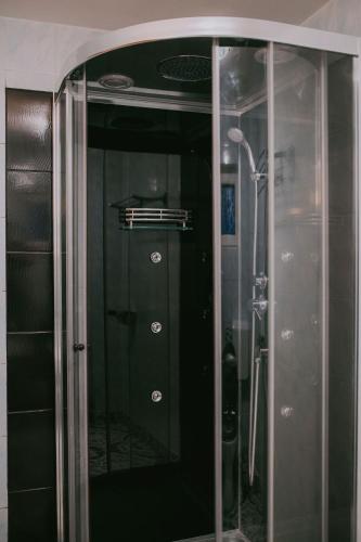 a shower with a glass door in a bathroom at Villa Bran Legend in Bran